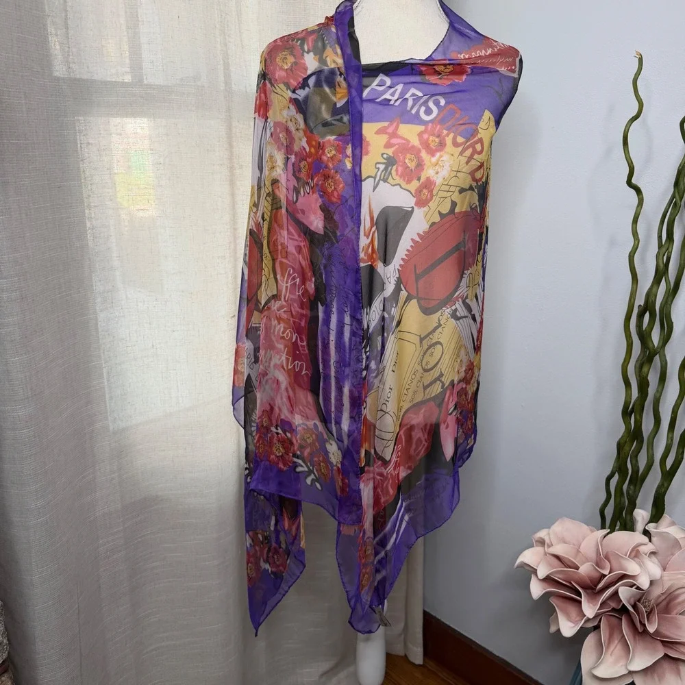 Christian Dior Silk Chiffon Scarf Floral Paris‎ Graphic Purple Italy  66